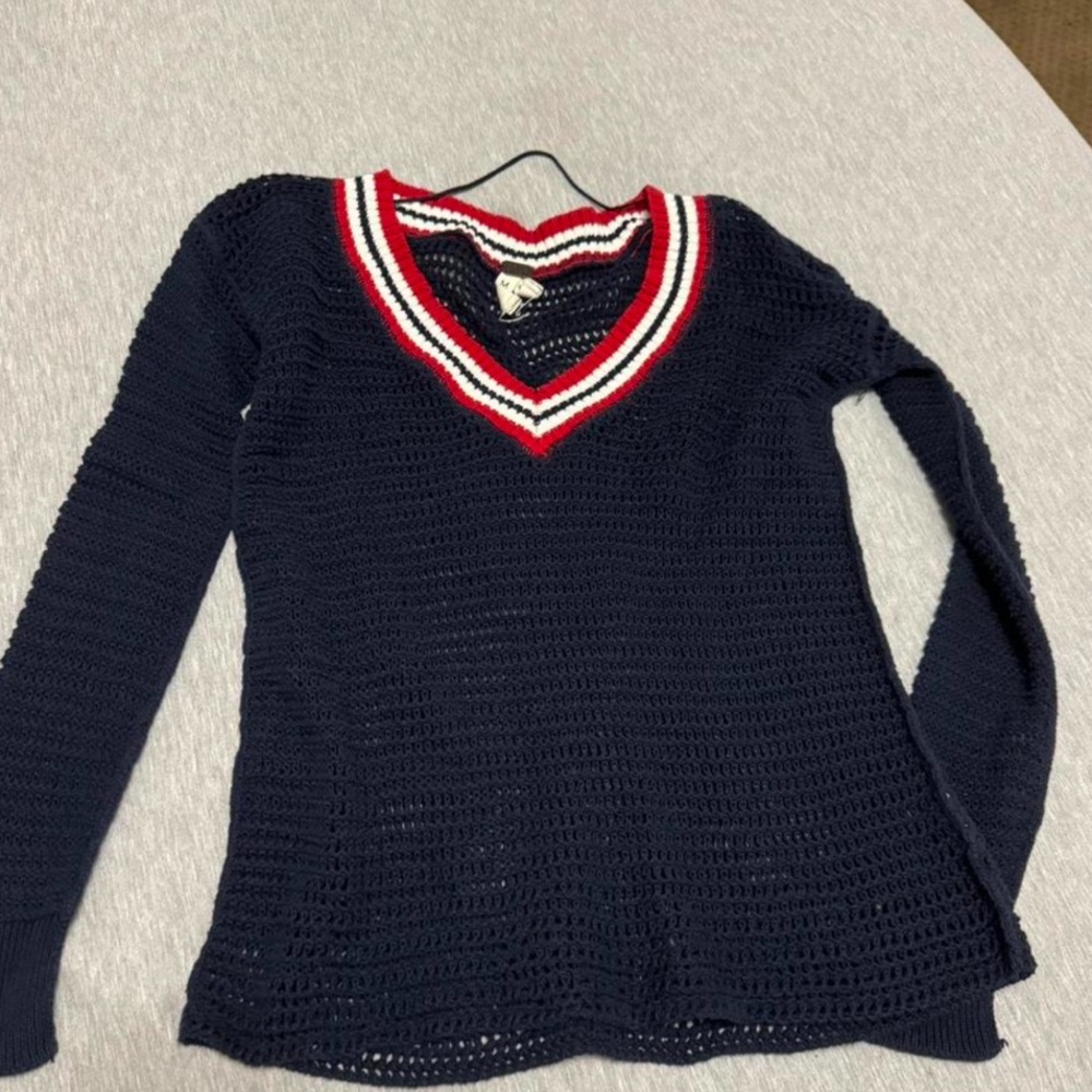Navy Blue V-Neck Sweater with Red and White Trim